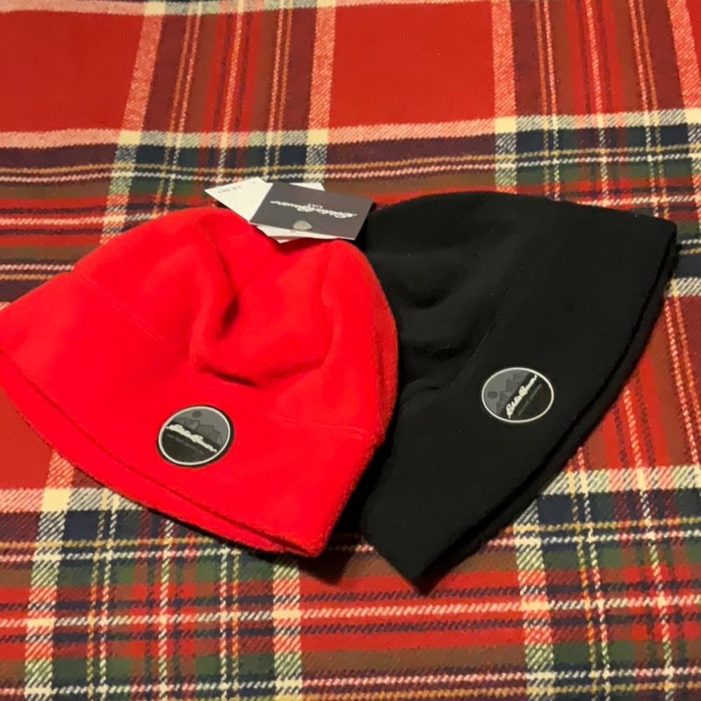 EDDIE BAUER sz M/L Hats Kids Fleece Winter 2 Piece Set Red Black NWT